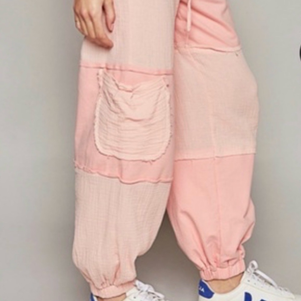 POL Pink color block cotton French terry gauze distressed drawstring joggers NEW - Picture 3 of 16